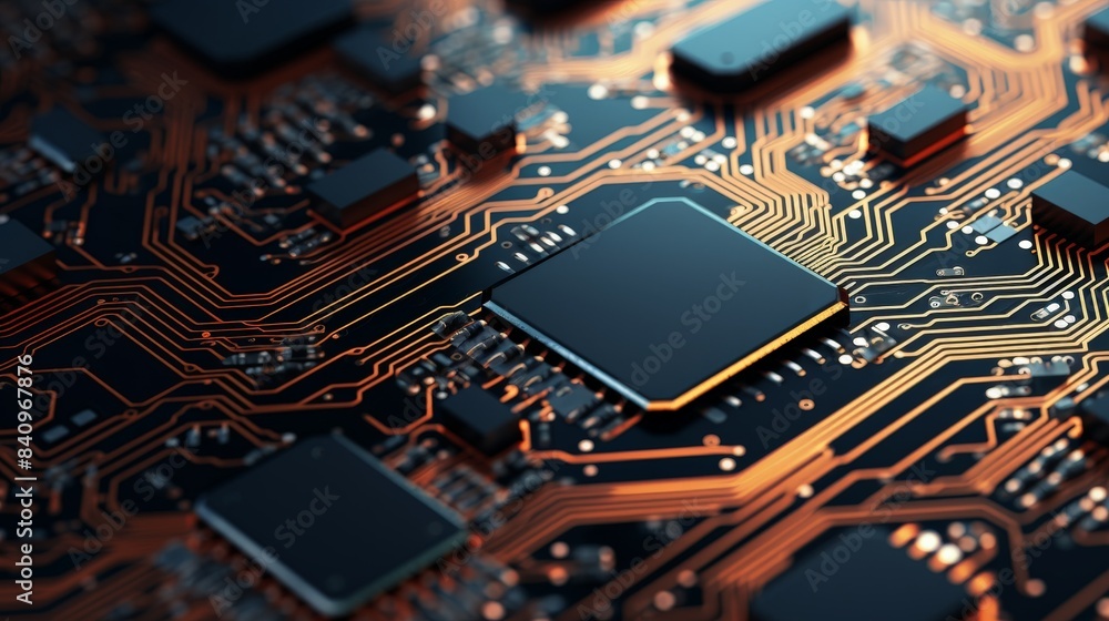 Poster close-up of a microchip integrated on a circuit board with intricate pathways, representing modern t