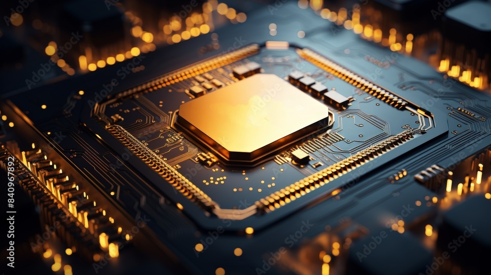 Aufkleber close-up of a modern microchip with glowing circuits, showcasing advanced technology and intricate e