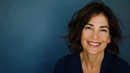 Closeup portrait of mid aged professional businesswoman, beautiful confident adult woman in navy top smiling isolated on blue background