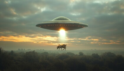 UFO abducting cow over a forest landscape