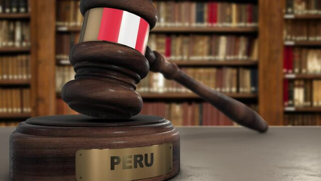 Peru Flag on Judge Gavel or Hammer in Court with Country Name. Legal System Animation