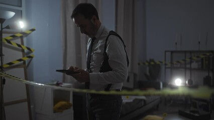 Mature bearded man in suspenders uses tablet at crime scene with caution tape and dim indoor lighting