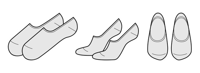 Foot, No-show socks length set. Fashion hosiery accessory clothing technical illustration stocking. Vector front, side view style, flat template CAD mockup sketch outline isolated on white background 