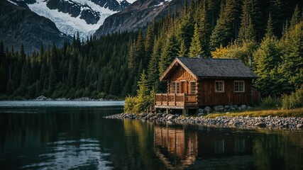 Fototapeta premium Dreamy and Cozy Wooden Cottage in Alaska