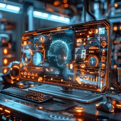 Futuristic workspace with holographic touchscreen display, advanced digital interface, and vibrant neon lights