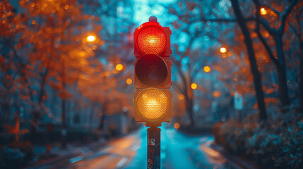 a traffic light hanging above a quiet street created with Generative AI technology