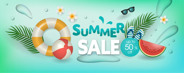 Summer Sale banner with beach elements like tropical leaves,  a beach ball, swim ring, sunglasses, watermelon, flower in blue background.