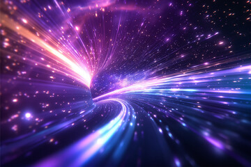 Blue purple light line through dark background, hyper speed warp in space