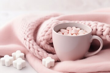 Cozy pastel scene with a pink mug filled with marshmallows and a pink knitted blanket background. Perfect for winter or holiday themes.