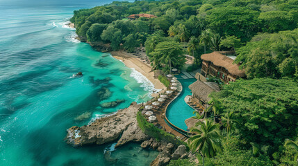 Obraz premium A tropical resort viewed from an aerial perspective sandwiched between a dense created with Generative AI technology
