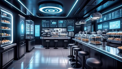 Futuristic Coffee Shop with Sleek High-Tech Design