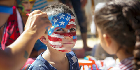 Boy Getting Face Painted with American Flag Design on 4th of July Independence Day