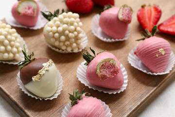Wooden board with chocolate covered strawberries and fresh berries on white background, closeup