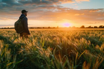 Fototapeta premium Adventurous man standing in field watching majestic sunset travel experience warm glow beauty nature trip solitude explore discovery landmark peaceful scenic landscape traveler horizon outdoor journey