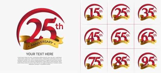 anniversary logotype set vector, red color with golden ribbon for special day celebration