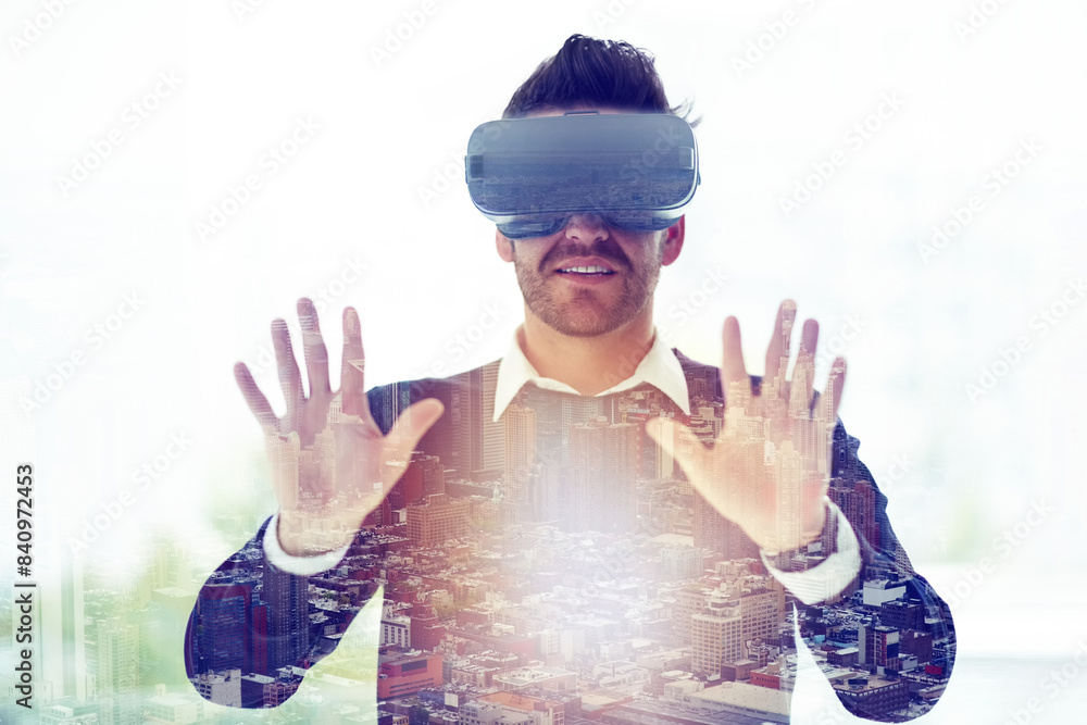 Poster city overlay, virtual reality and business man in office for metaverse, online network and double ex