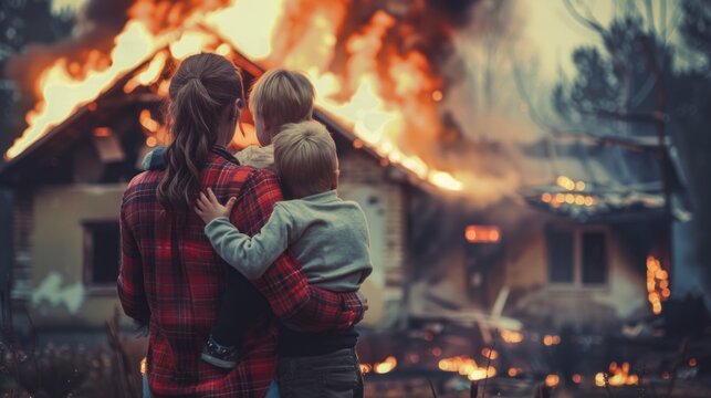 A woman and two children are standing outside a burning house