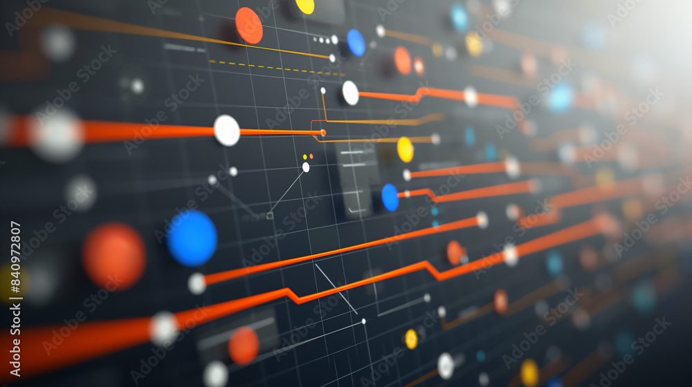 Poster a close-up shot of a digital interface with bright orange pathways connecting various dots of color.