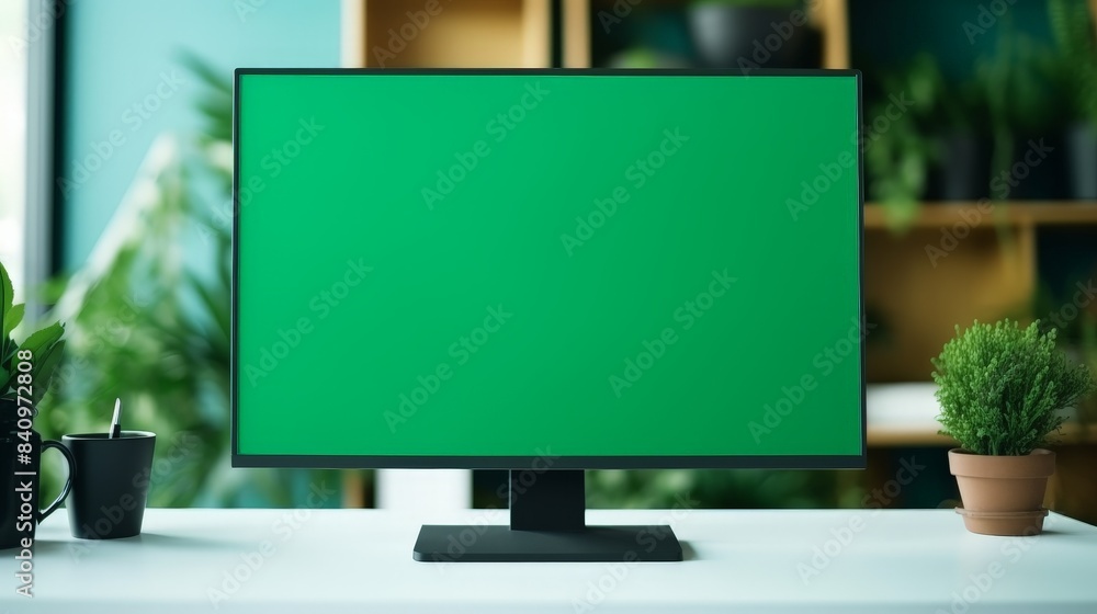 Poster modern computer monitor with green screen on a white desk in a stylish office setup with plants in t