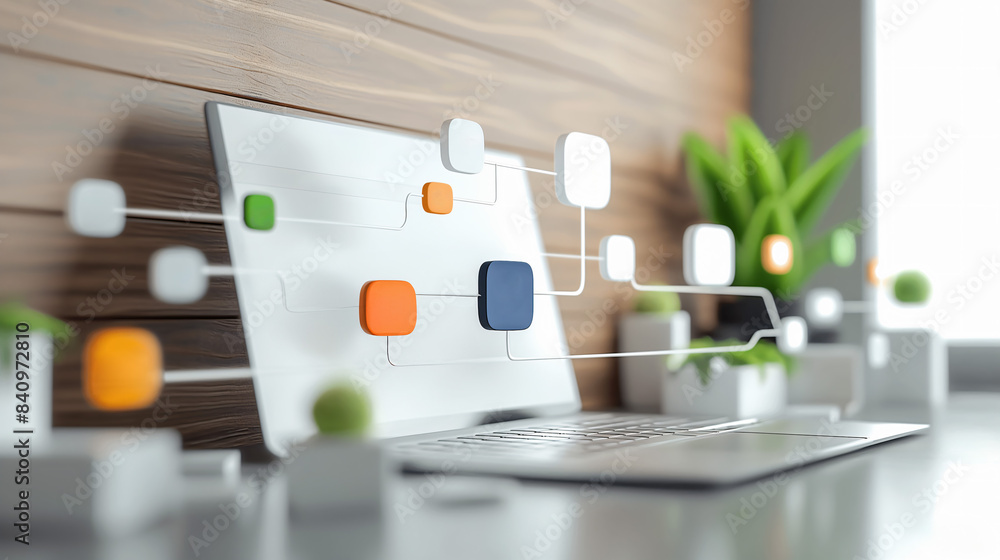Poster a laptop rests on a desk with a wooden background, showcasing a digital network of colorful squares 