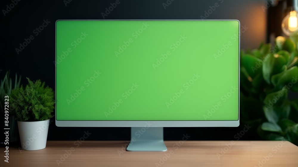 Poster modern desktop computer with green screen on wooden desk, surrounded by plants. minimalist workspace