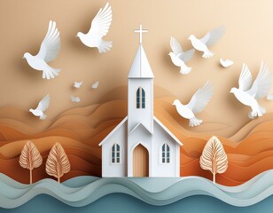 Perfect church with doves flying away paper