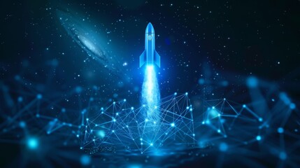 Futuristic Rocket Launch in Space with Digital Network, Generative AI