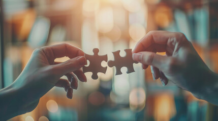 Closeup hand connecting jigsaw puzzle with sunlight effect, Business solutions, success and strategy concept