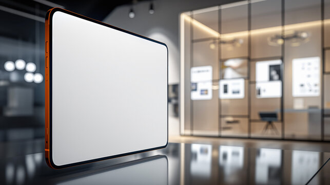 A modern digital presentation screen mockup with a blank display is positioned in a sleek and minimalist office setting.