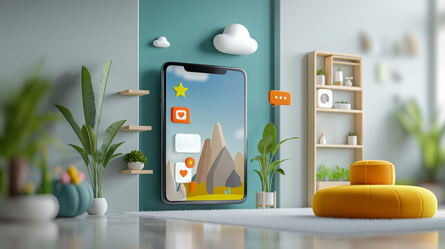 A large smartphone, seemingly floating in mid-air, fills the wall of a modern living room. Its screen displays a colorful landscape with app icons and a notification bubble. - Powered by Adobe