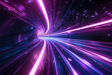 Blue purple light line through dark background, hyper speed warp in space