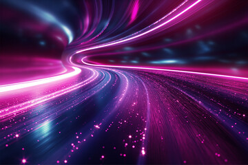 Blue purple light line through dark background, hyper speed warp in space