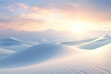 Serene sunrise over pristine sand dunes in a vast desert, showcasing an ethereal and tranquil landscape with soft pastel hues.