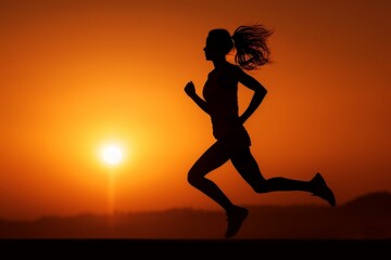 Silhouette of a woman running at sunset, highlighting fitness, determination, and an active lifestyle in a beautiful scenic background.