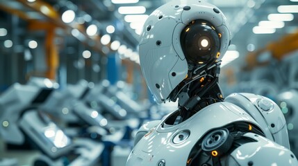 Fototapeta premium Futuristic High-Tech Manufacturing Facility with Advanced Humanoid Robot Showcasing Automation and Robotics Innovation