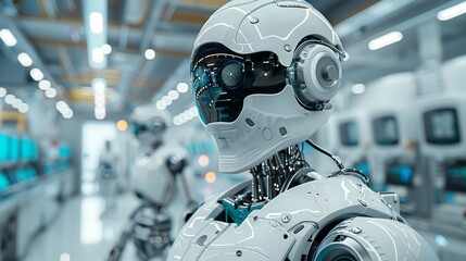 Fototapeta premium Futuristic High-Tech Manufacturing with Advanced Humanoid Robot Revolutionizing Automated Production