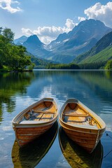 Obraz premium Serene Rowboats on Peaceful Lake with Majestic Mountain Range in Background