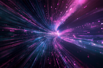 Blue purple light line through dark background, hyper speed warp in space