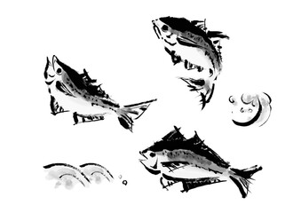魚の鯵（アジ）の手書き和風筆イラスト素材セット