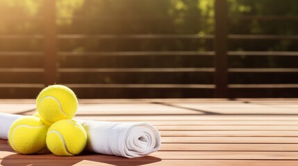 Tennis balls and a rolled-up towel on a wooden deck with sunlight streaming through the green trees in the background.
