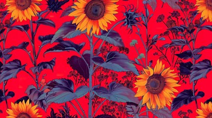 Minimalist linear red patterned wallpaper featuring wild sunflowers interspersed with subtle royal purple Florentine elements