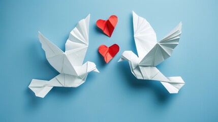 Love and compassion conveyed through two white dove origami bearing heart shape on blue backdrop