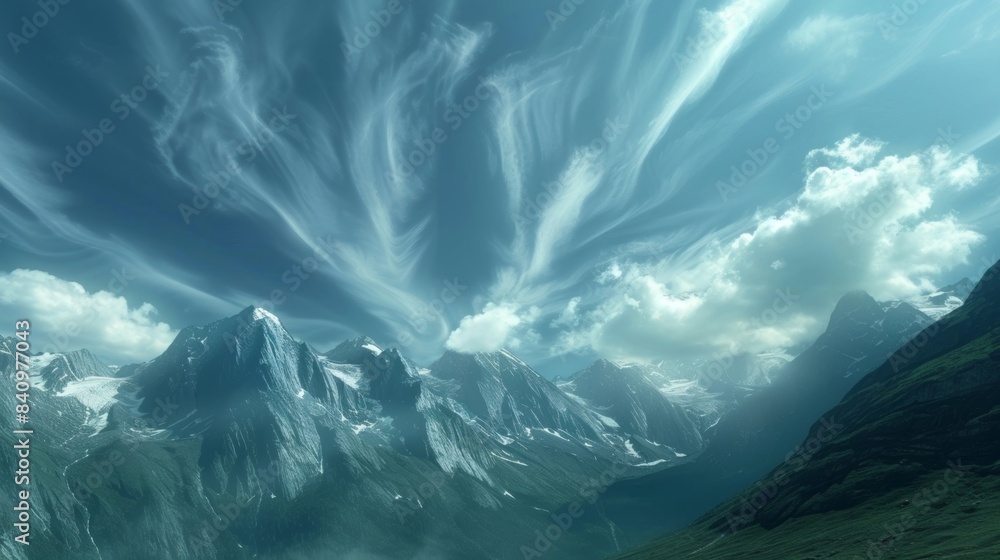 Sticker the mystical sight of thin wispy clouds gliding over a towering mountain range.