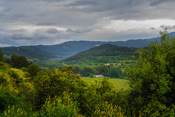 Obraz premium 2024-04-14 VIEW OF A LUSH VALLEY WITH A MOUNTAIN RANGE IN THE DISTANCE IN THE PROVENCE REGION OF FRANCE NEAR BEDOIN