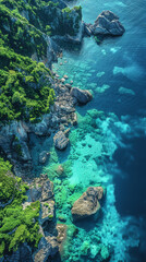 Obraz premium Create an aerial view image of a tranquil ocean shore where the clear turquoise waters created with Generative AI technology