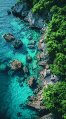 Obraz premium Create an aerial view image of a tranquil ocean shore where the clear turquoise waters created with Generative AI technology