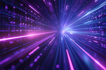 Naklejka premium Blue purple light line through dark background, hyper speed warp in space