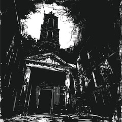 Gothic church looming over narrow street grunge black white art. Dark mysterious church illustration, spooky atmosphere, horror graphic. Black ink drawing, eerie urban scene, gothic architecture art