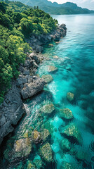 Fototapeta premium Create an aerial view image of a tranquil ocean shore where the clear turquoise waters created with Generative AI technology