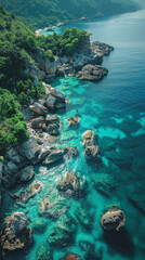 Obraz premium Create an aerial view image of a tranquil ocean shore where the clear turquoise waters created with Generative AI technology